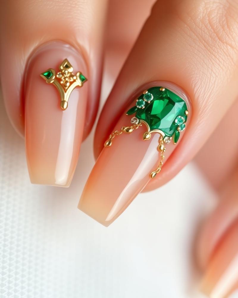 Emerald and gold luxury nail art